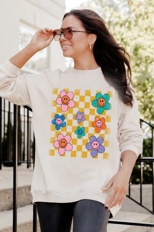 Daisy Checkered Smile Light Tan Oversized Graphic Sweatshirt sold by Pink Lily