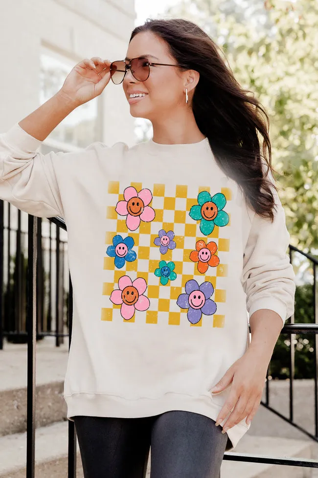 Daisy Checkered Smile Light Tan Oversized Graphic Sweatshirt sold by Pink Lily