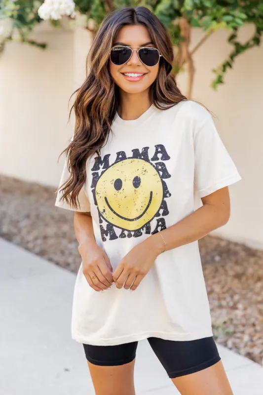 Mama Smiley Repeat Ivory Oversized Graphic Tee sold by Pink Lily