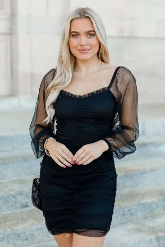 Walk This Way Black Polka Dot Mesh Long Sleeve Mini Bodycon Dress FINAL SALE sold by Pink Lily