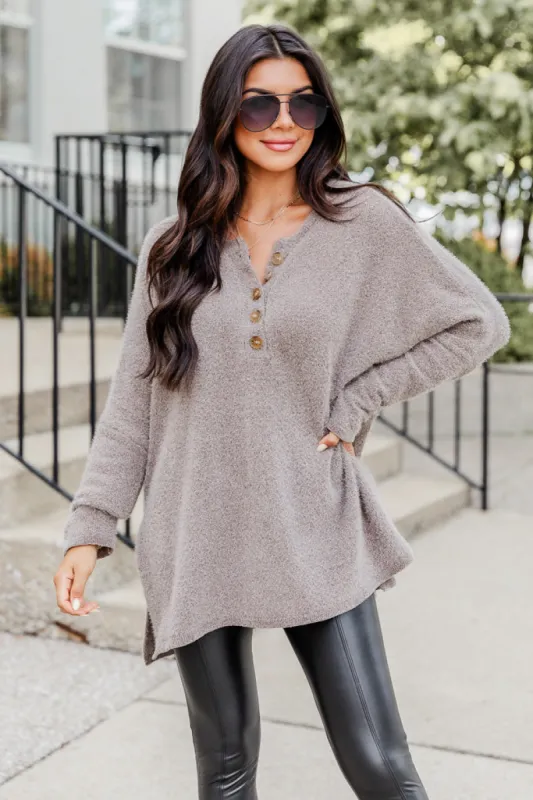 Thinking Of You Taupe  Fuzzy Henley Blouse FINAL SALE sold by Pink Lily