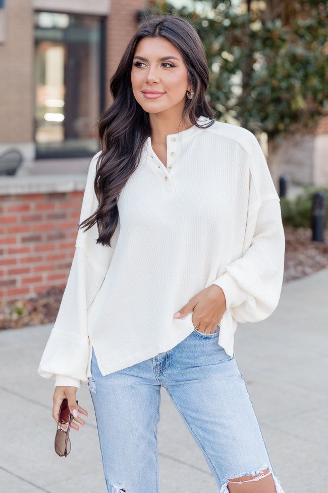Made For This Cream Henley Textured Long Sleeve Top sold by Pink Lily