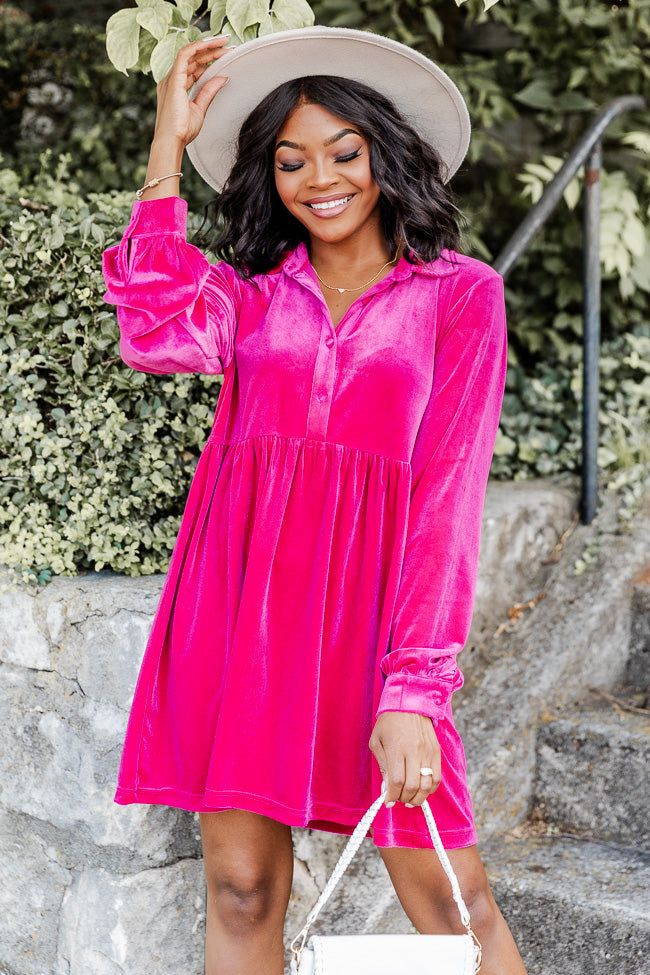 Everything's New Pink Velvet Collared Long Sleeve Mini Dress FINAL SALE sold by Pink Lily