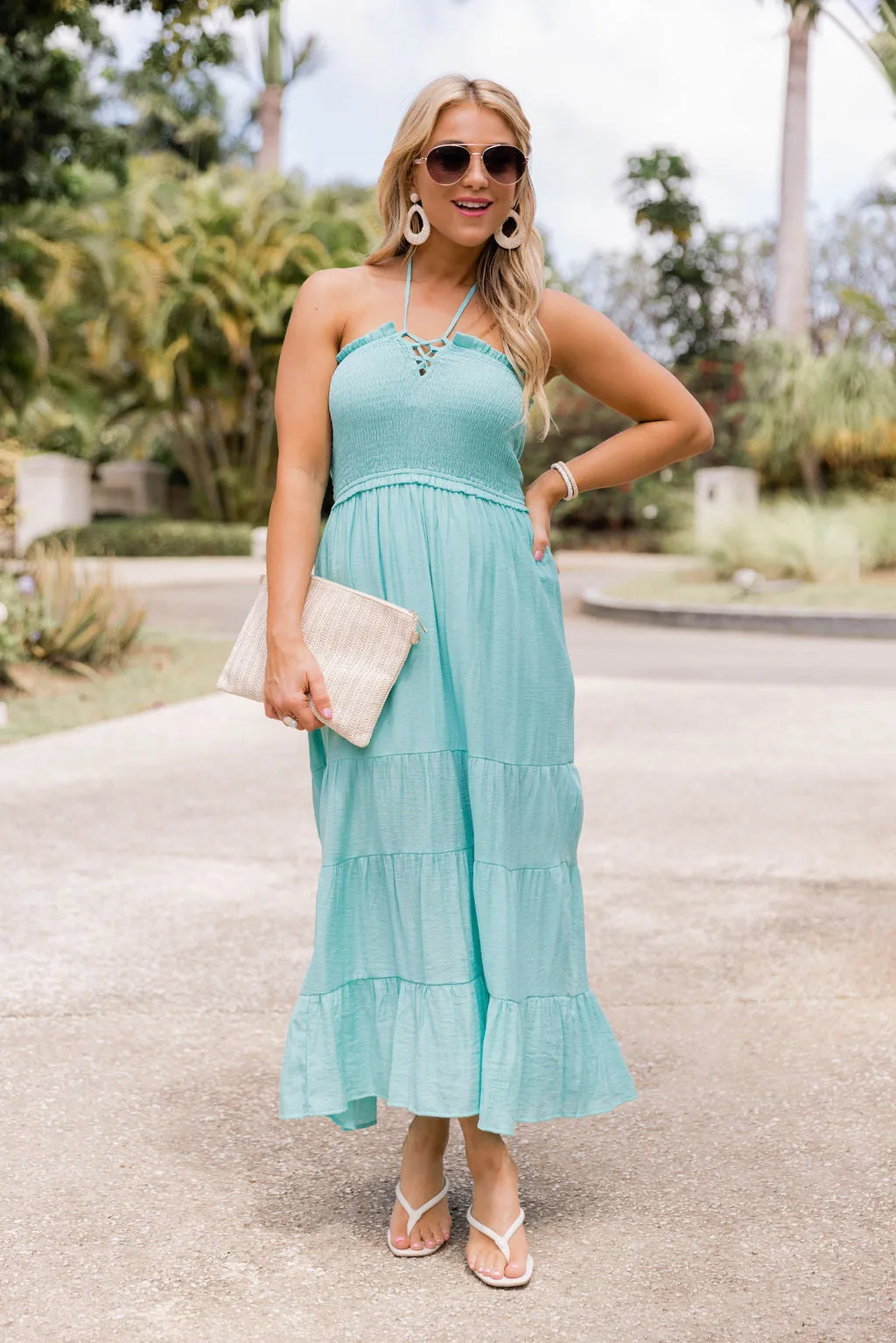 Pretty And Poised Aqua Halter Midi Dress FINAL SALE sold by Pink Lily