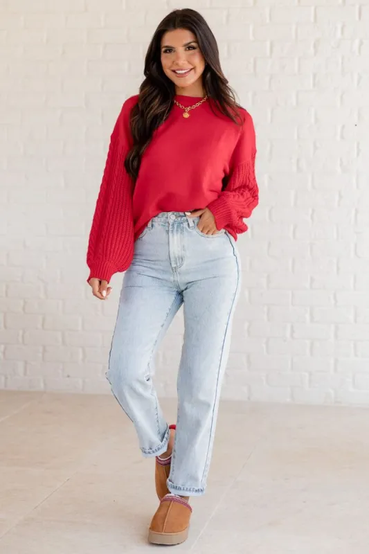 Wrapped In Red Cable Knit Sweater sold by Pink Lily