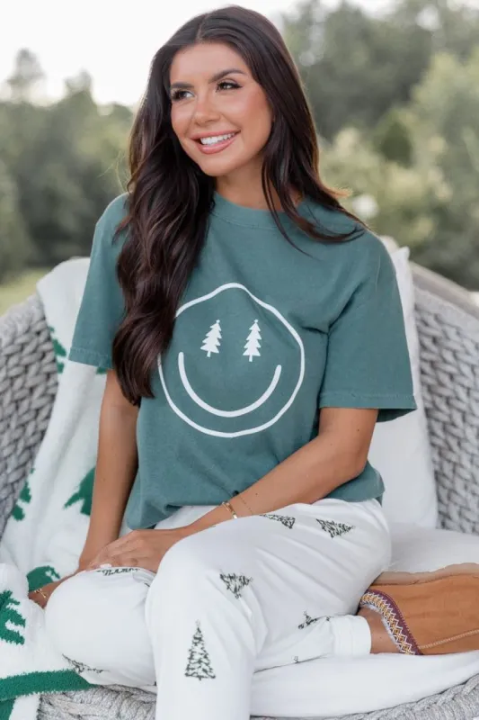 Smiley Face Christmas Tree Dark Green Graphic Tee sold by Pink Lily