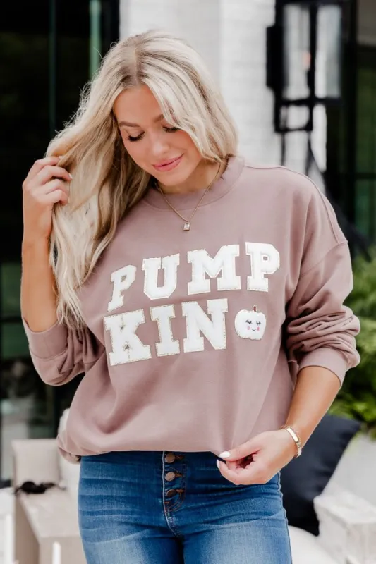Pumpkin Chenille Patch Mocha Oversized Graphic Sweatshirt FINAL SALE sold by Pink Lily