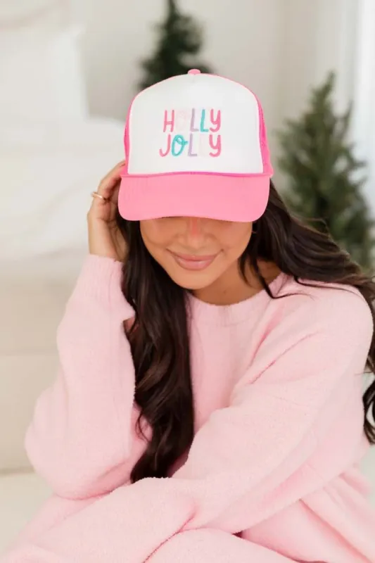 Holly Jolly White and Pink Trucker Hat FINAL SALE sold by Pink Lily