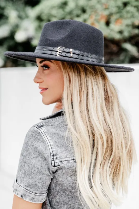 Down Memory Lane Black Double Belt Banded Fedora Hat FINAL SALE sold by Pink Lily