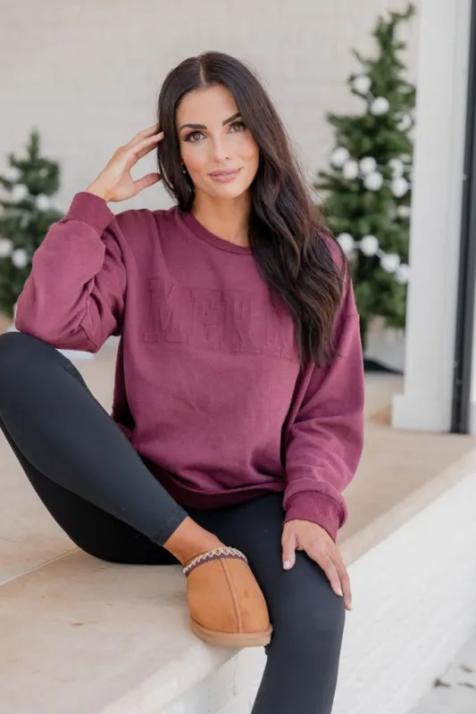 Merry Embroidered Burgudy Pullover made by Pink Lily
