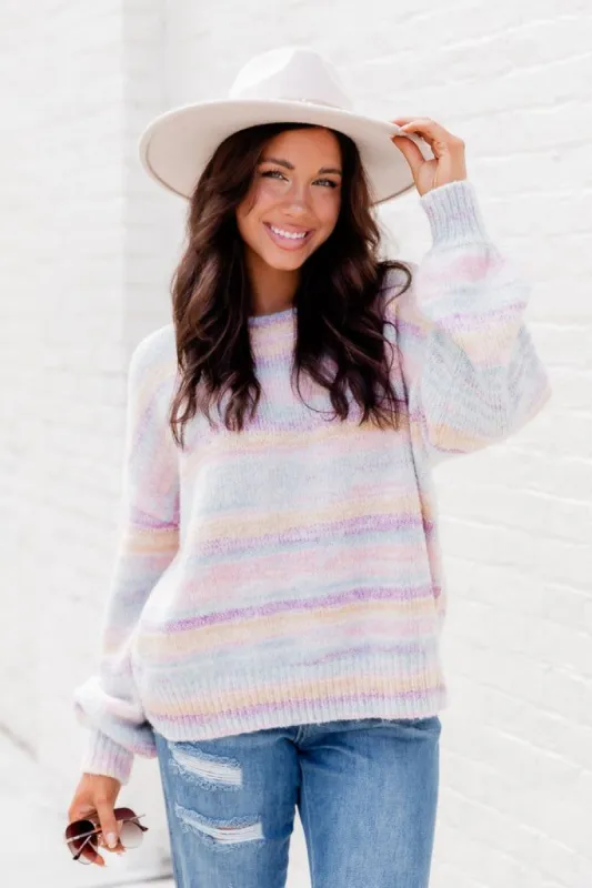 For A While Now Blue And Purple Multi Striped Ombre Sweater sold by Pink Lily