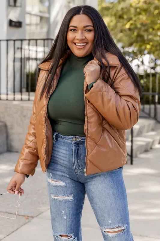 Give Me A Call Brown Quilted Faux Leather Jacket sold by Pink Lily