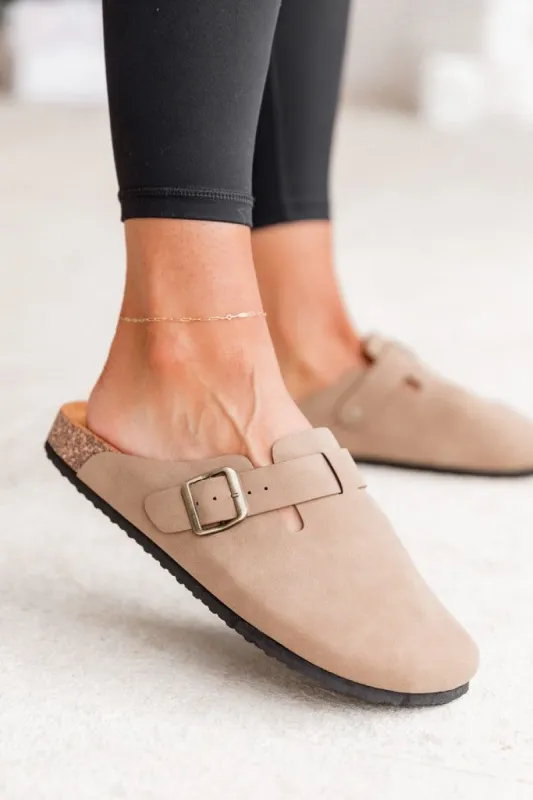 Bambi Taupe Clog Slide Shoes made by Pink Lily