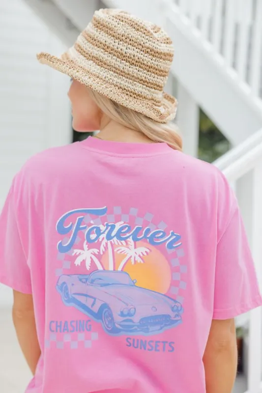 Forever Chasing Sunsets Pink Oversized Graphic tee sold by Pink Lily
