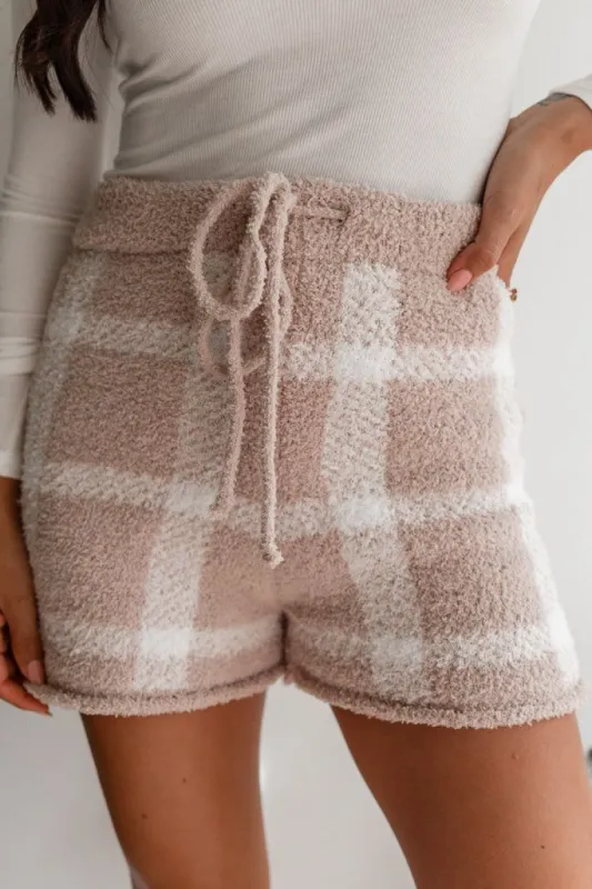 Most Wonderful Time Beige Plaid Fuzzy Lounge Short sold by Pink Lily