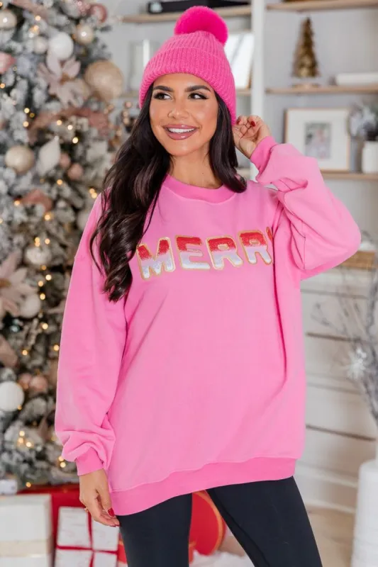 Merry Ombre Chenille Patch Pink Oversized Sweatshirt FINAL SALE sold by Pink Lily