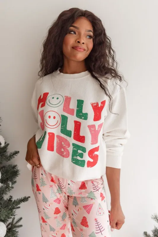 Holly Jolly Vibes Cream Graphic Sweatshirt sold by Pink Lily