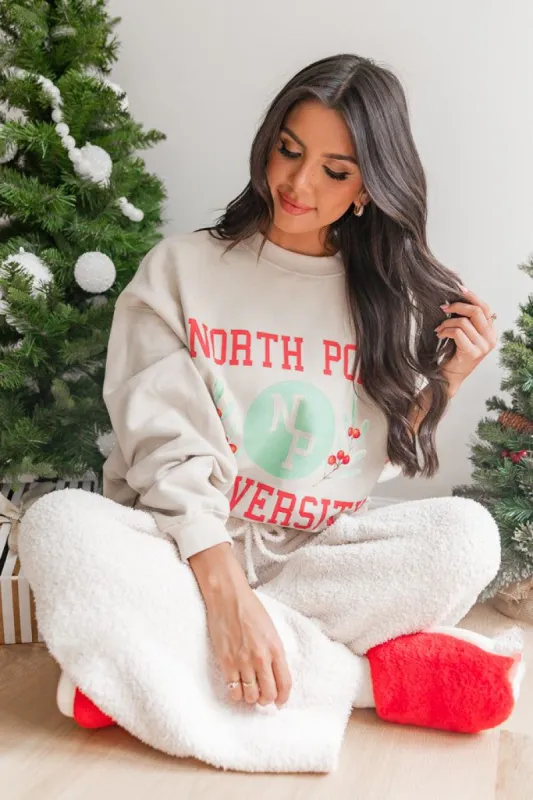 North Pole University Light Tan Oversized Graphic Sweatshirt made by Pink Lily