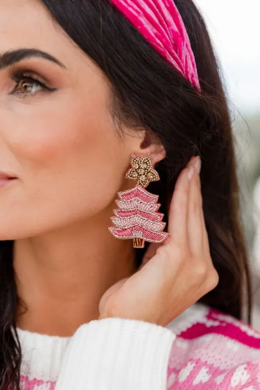 Striped Hot Pink Christmas Tree Earrings sold by Pink Lily