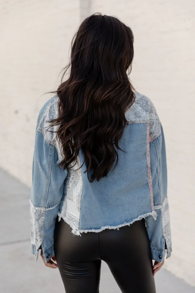 Long Gone Drive Medium Wash Paisley Patch Denim Jacket FINAL SALE sold by Pink Lily product image thumbnail 4