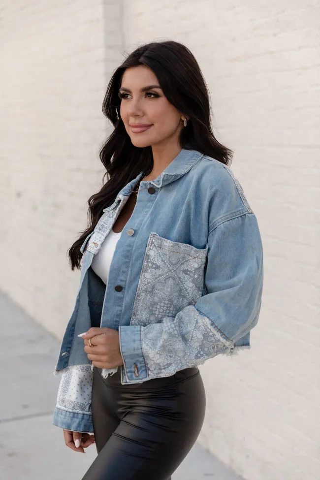 Long Gone Drive Medium Wash Paisley Patch Denim Jacket FINAL SALE sold by Pink Lily product image thumbnail 3