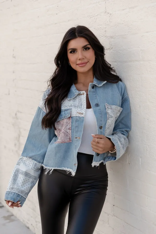 Long Gone Drive Medium Wash Paisley Patch Denim Jacket FINAL SALE sold by Pink Lily