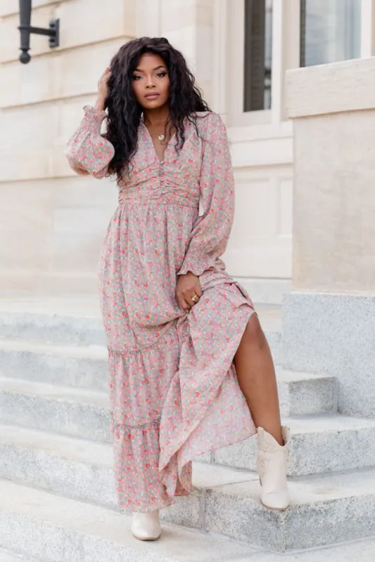 Maybe Later Sage Floral Printed Long Sleeve Tiered Maxi Dress FINAL SALE sold by Pink Lily