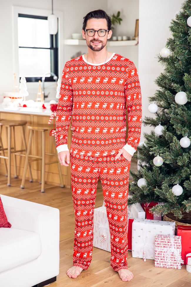 Mens Home For The Holidays Red Christmas Print Pajama Joggers FINAL SALE sold by Pink Lily