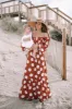 CAITLIN COVINGTON X PINK LILY Bluff Walk Brown Polka Dot Off The Shoulder Maxi Dress FINAL SALE sold by Pink Lily
