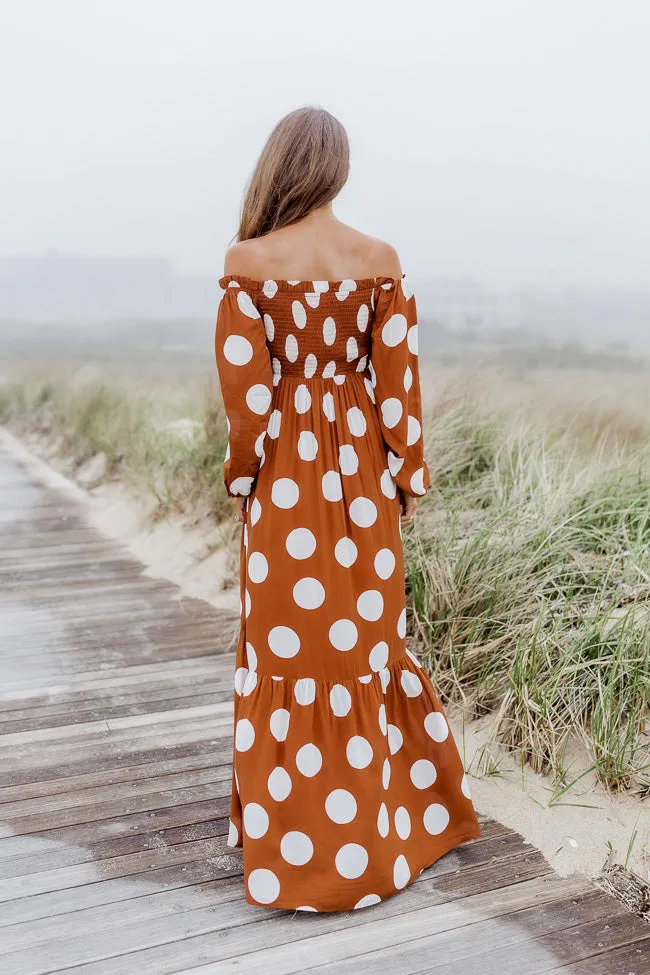 CAITLIN COVINGTON X PINK LILY Bluff Walk Brown Polka Dot Off The Shoulder Maxi Dress FINAL SALE sold by Pink Lily product image thumbnail 5