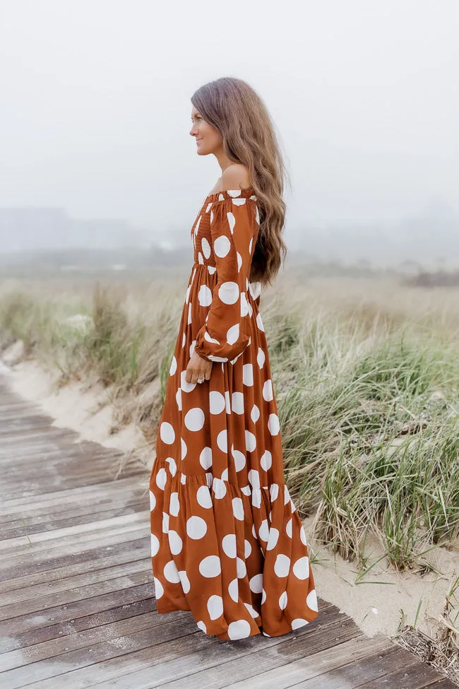 CAITLIN COVINGTON X PINK LILY Bluff Walk Brown Polka Dot Off The Shoulder Maxi Dress FINAL SALE sold by Pink Lily product image thumbnail 4