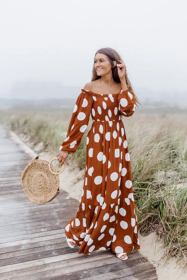 CAITLIN COVINGTON X PINK LILY Bluff Walk Brown Polka Dot Off The Shoulder Maxi Dress FINAL SALE sold by Pink Lily product image thumbnail 3