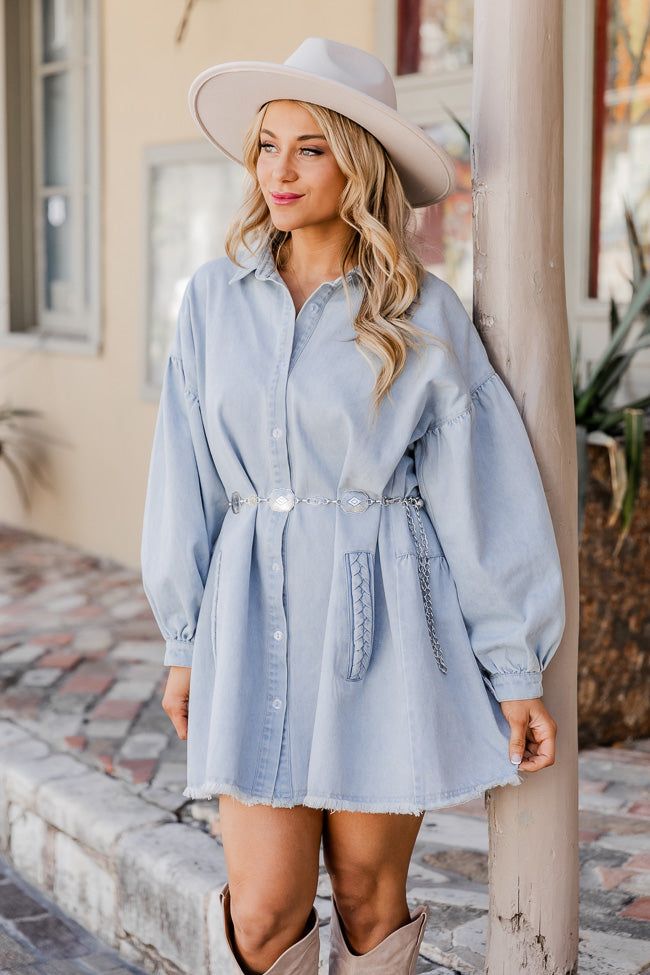 Start Looking Light Wash Chambray Dress FINAL SALE sold by Pink Lily