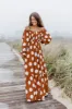 CAITLIN COVINGTON X PINK LILY Bluff Walk Brown Polka Dot Off The Shoulder Maxi Dress FINAL SALE sold by Pink Lily