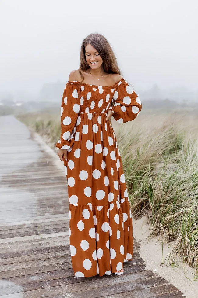 CAITLIN COVINGTON X PINK LILY Bluff Walk Brown Polka Dot Off The Shoulder Maxi Dress FINAL SALE sold by Pink Lily product image thumbnail 2