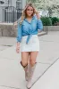 Simplify Life Medium Tie Front Chambray Blouse FINAL SALE sold by Pink Lily