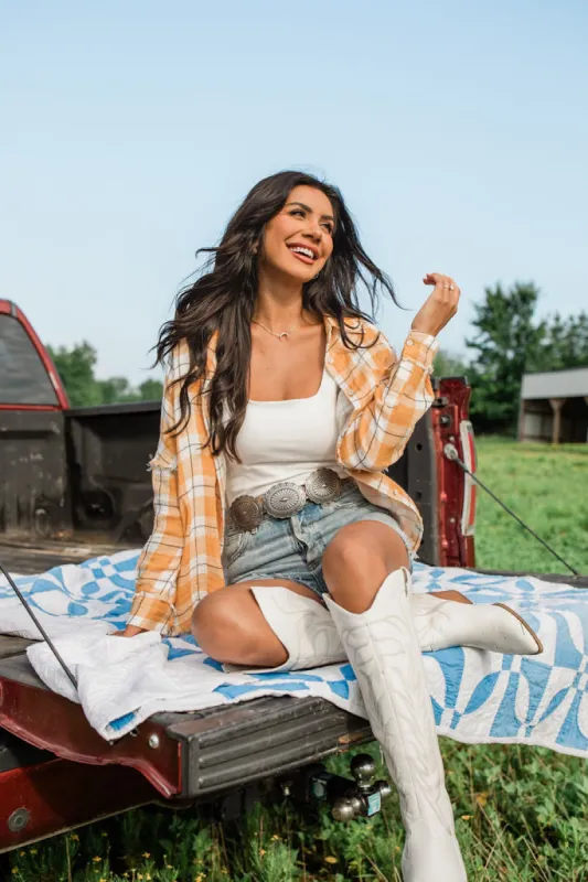 The Same Feeling Plaid Gauze Button Front Blouse sold by Pink Lily