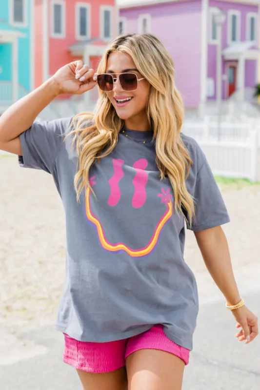 Retro Smiley Grey Oversized Graphic Tee sold by Pink Lily