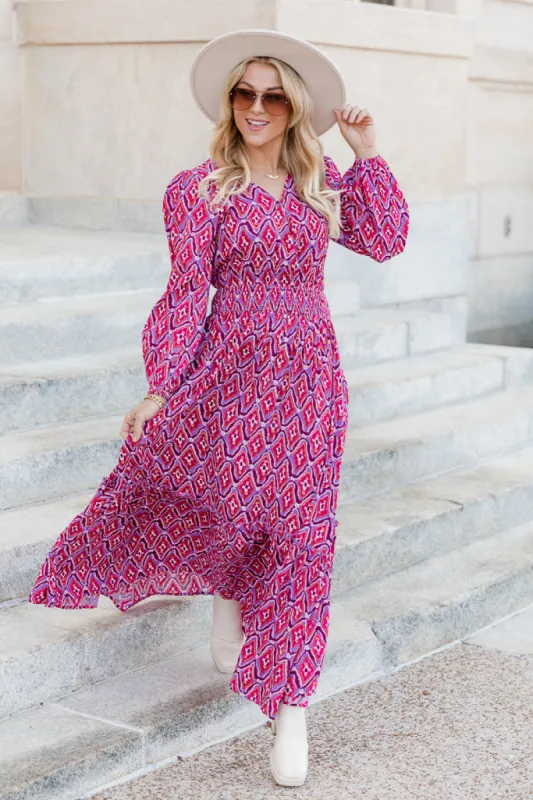 Throw It Back Magenta Geo Printed Long Sleeve Maxi Dress FINAL SALE sold by Pink Lily
