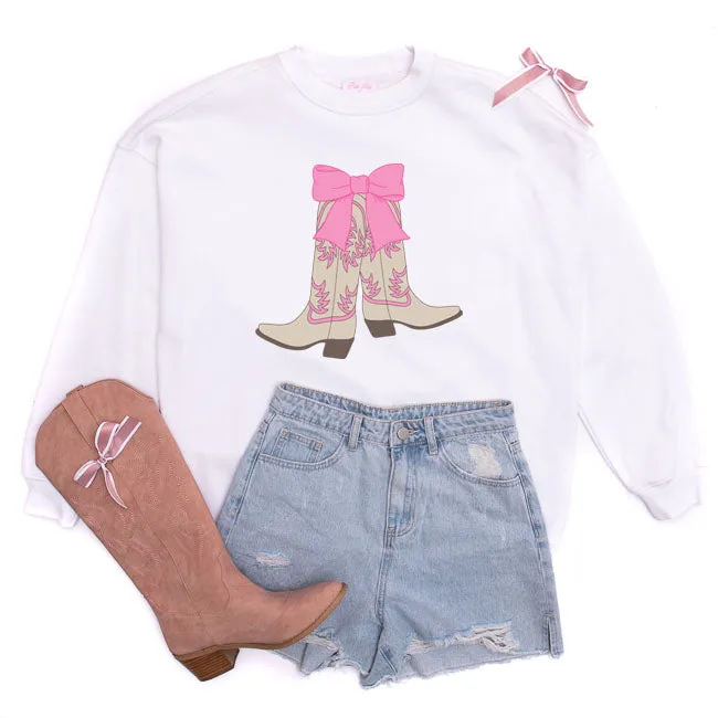 Boots and Bow White Oversized Graphic Sweatshirt sold by Pink Lily