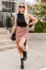 A True Mystery Brown Faux Leather Twist Front Midi Skirt FINAL SALE sold by Pink Lily