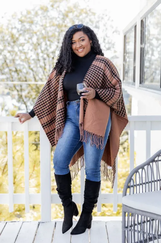 All The Answers Black And Tan Plaid Poncho sold by Pink Lily