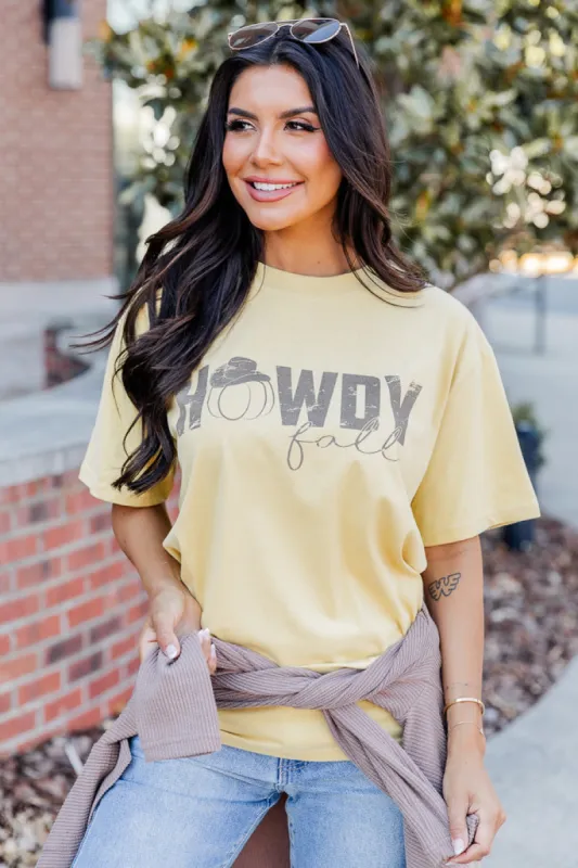 Howdy Fall Mustard Oversized Graphic Tee sold by Pink Lily