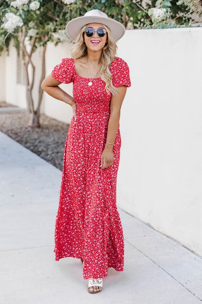 Lovely Little Tune Red Smocked Bust Floral Maxi Dress sold by Pink Lily product image thumbnail 5
