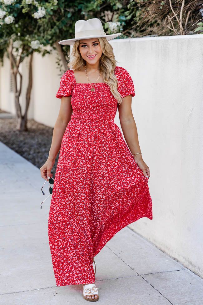Lovely Little Tune Red Smocked Bust Floral Maxi Dress sold by Pink Lily product image thumbnail 7