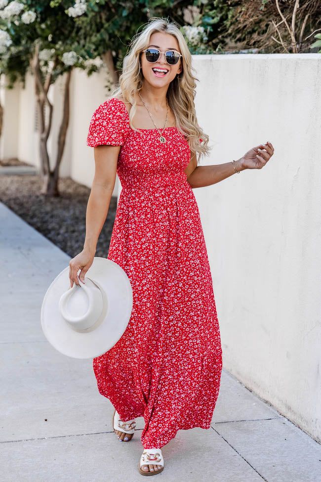 Lovely Little Tune Red Smocked Bust Floral Maxi Dress sold by Pink Lily product image thumbnail 6