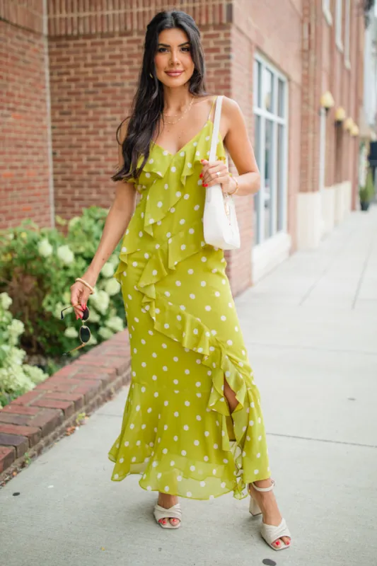 On The Spot Kiwi Ruffle Detail Polka Dot Midi Dress FINAL SALE sold by Pink Lily