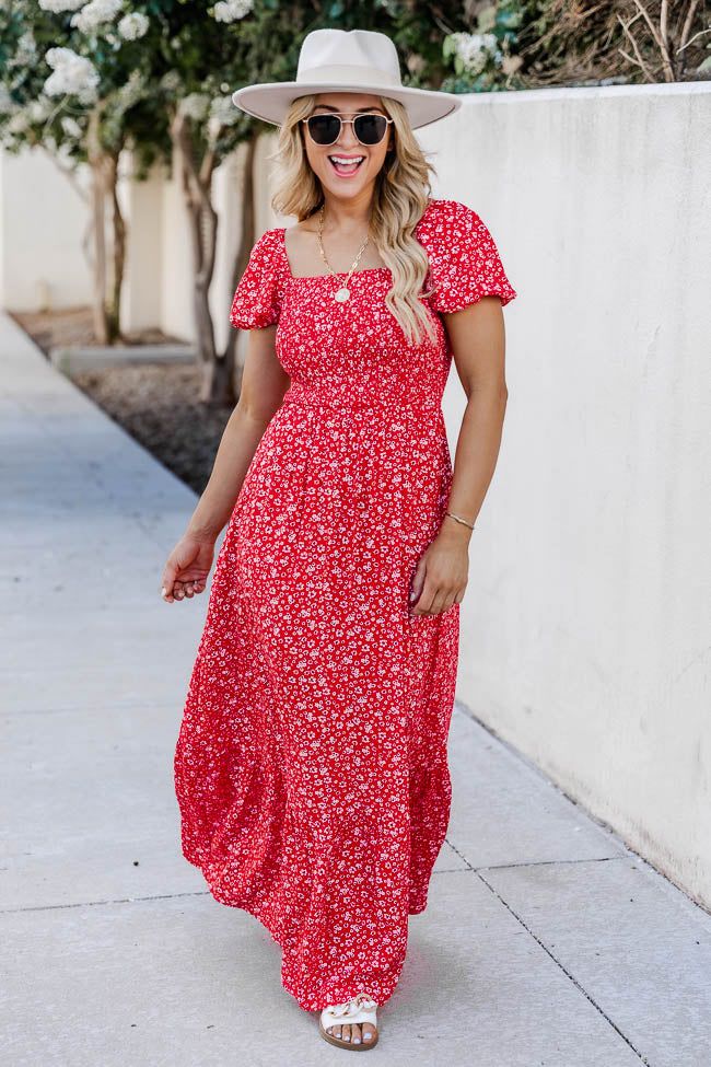 Lovely Little Tune Red Smocked Bust Floral Maxi Dress sold by Pink Lily product image thumbnail 9