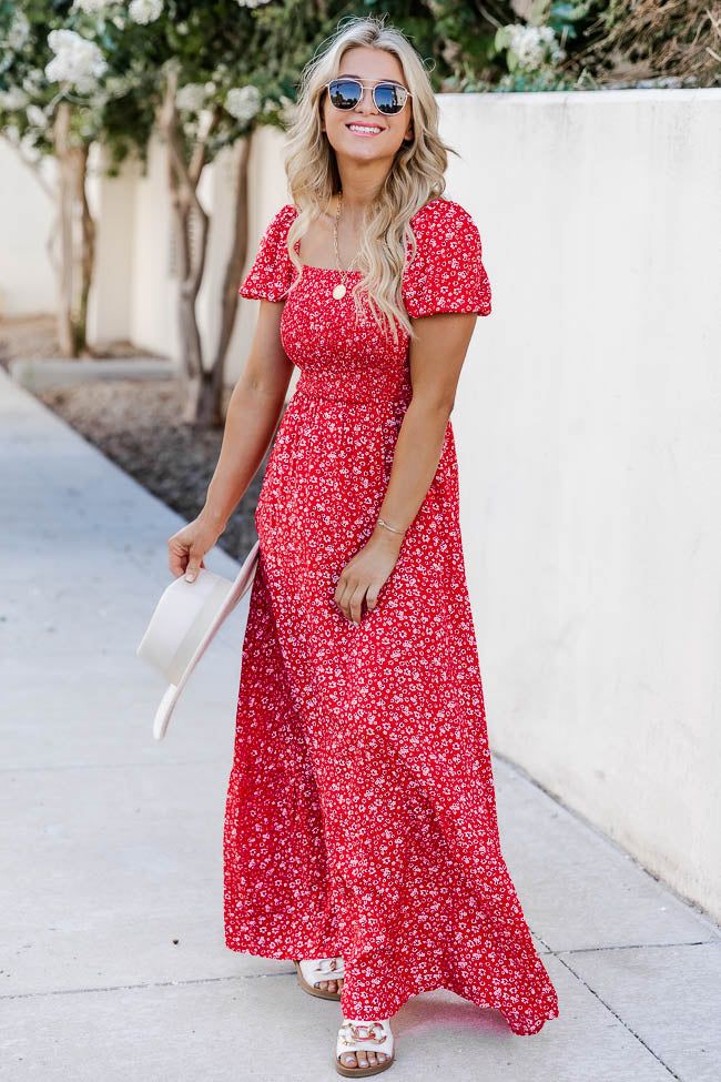 Lovely Little Tune Red Smocked Bust Floral Maxi Dress sold by Pink Lily product image thumbnail 8