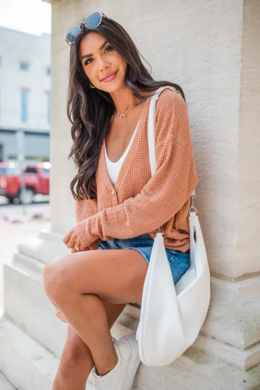 Sounds Like Me Brown Waffle Knit Cardigan made by Pink Lily
